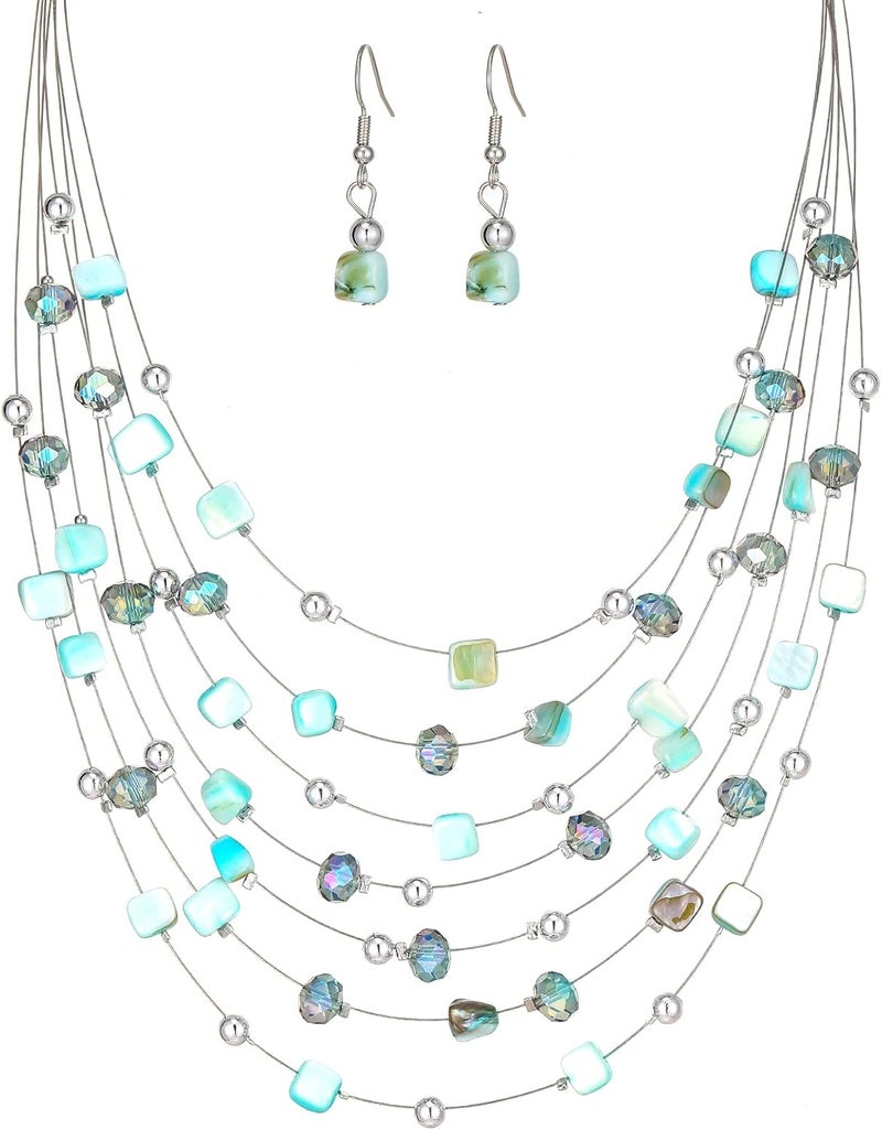 Errally Store Multi-Layer Boho Shell Beaded Necklace for Women Colorful Crystal Strand with Silver Beads Statement Collars Necklace and Earrings Costumes Jewelry Sets for Women - Image 1